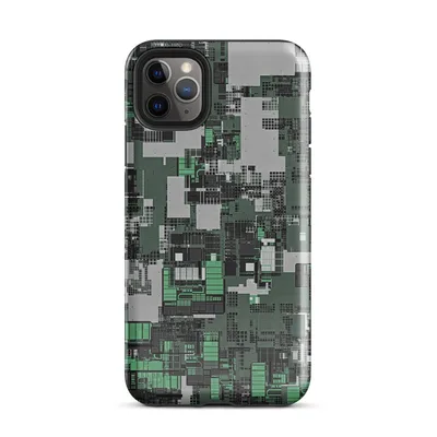 aerial view of a dense circuit board cityscape in forest green, charcoal black, and silver-grey with layered geometric grid structures on Glossy Circuit City Camo Case - default view — protective iphone case