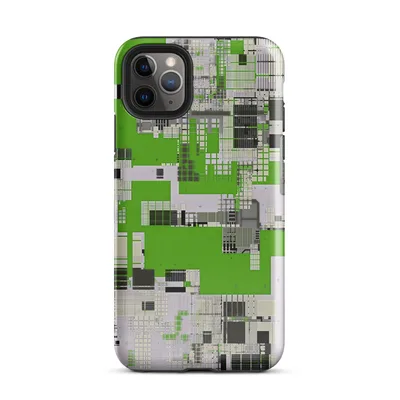 aerial digital cityscape in electric green, black, and white with overlapping grid lines and circuit-like architectural blocks on Glossy Circuit City Digital Camo Case - default view — protective iphone case