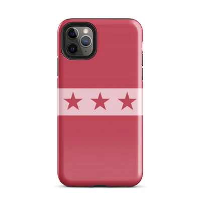 seven dark crimson stars on a blush pink horizontal stripe band against a solid deep red background on Glossy Crimson Stars Bold Stripe - default view — protective iphone case