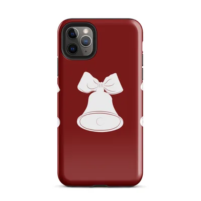 three white Christmas bells with ribbon bows arranged in a row on a deep crimson red background on Glossy Jingle Bells Holiday iPhone Case - default view — protective iphone case