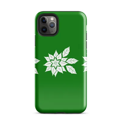 three white poinsettia flower illustrations with detailed leaf clusters arranged in a row on a deep green background on Glossy Triple Poinsettia Holiday Case - default view — protective iphone case