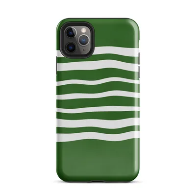 wavy white horizontal stripes flowing across a deep forest green background in a clean, modern style on Glossy Forest Waves Sleek Case - default view — protective iphone case