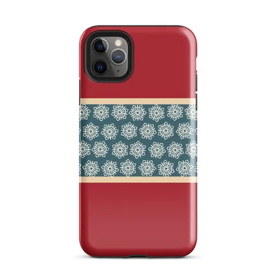 teal band of repeating geometric snowflake medallions in cream white, framed by ivory borders on a deep crimson red background on Glossy Crimson Snowflake Border Case - default view — protective iphone case