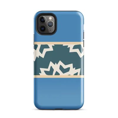 horizontal band of cracked ice shapes in deep teal and cream on a cornflower blue background with warm tan border stripes on Glossy Arctic Fracture Protective Case - default view — protective iphone case