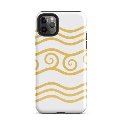 repeating golden wave lines and ornate spiral crests in warm amber on a white background, inspired by classical decorative art on Glossy Golden Tides Wave Pattern - default view — protective iphone case