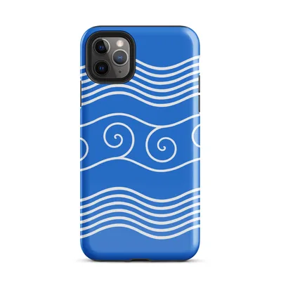 white flowing wave lines and spiral scroll crests repeating across a vivid cerulean blue background in a classical maritime style on Glossy Ocean Waves Blue Tide Case - default view — protective iphone case