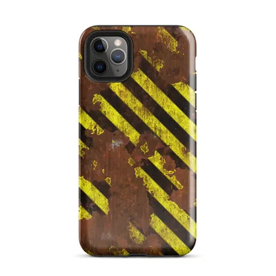 weathered rust-brown metal surface covered in diagonal yellow and black hazard stripes with peeling paint and aged corrosion texture on Glossy Rusted Hazard Zone Case - default view — protective iphone case