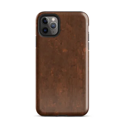 photorealistic weathered rust metal surface with deep burnt sienna, dark mahogany streaks, oxidized orange blooms, and faint white mineral deposits on Glossy Rust and Iron Shield - default view — protective iphone case