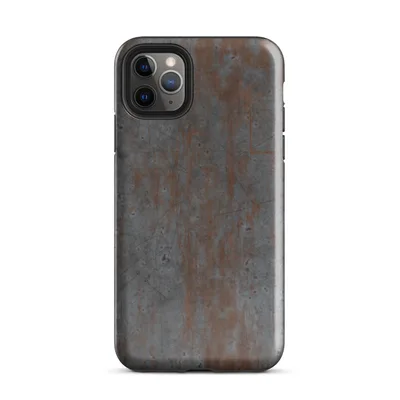 weathered steel plate with streaks of oxidized rust, surface scratches, pitting marks, and a gunmetal gray and copper color palette on Glossy Industrial Rust Metal iPhone Case - default view — protective iphone case