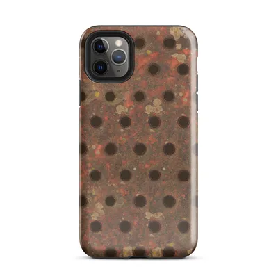 close-up of heavily rusted perforated steel plate with rows of dark circular holes, red-orange oxidation, and scattered mineral deposits in beige and yellow-green on Glossy Industrial Rust Perforated Metal Case - default view — protective iphone case