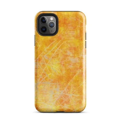 mottled golden orange and yellow background with layered silver and white scratch lines crossing in organic patterns, resembling a textured painting on Glossy Solar Flare Scratch Art Case - default view — protective iphone case