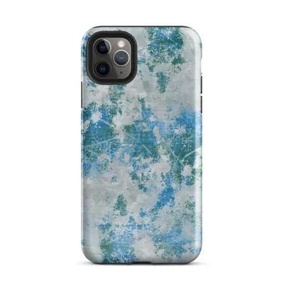 layered abstract composition of deep teal, sapphire blue, and slate gray with splattered paint marks, fine scratches, and translucent crystalline overlays on Glossy Arctic Surge Texture Case - default view — protective iphone case