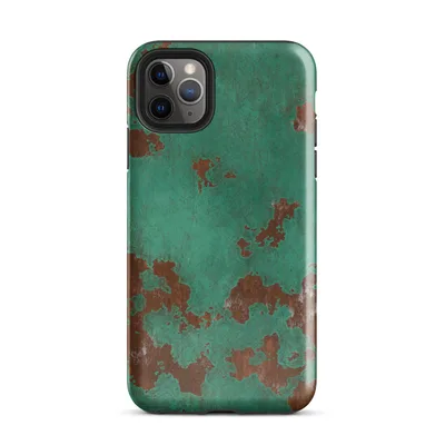 seamless oxidized copper surface with teal-green verdigris patina over exposed reddish-brown rusted metal patches on Glossy Copper Patina Storm Case - default view — protective iphone case