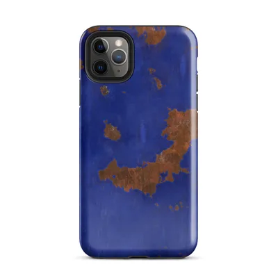 abstract rusted metal texture with irregular burnt sienna and copper patches breaking through vivid cobalt blue painted surface on Glossy Cobalt Rust Industrial Edge - default view — protective iphone case
