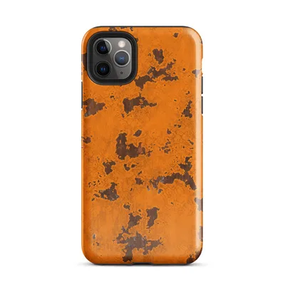 heavily rusted orange painted metal surface with dark brown corroded patches and cracked peeling paint scattered across the plate on Glossy Rust Never Sleeps Case - default view — protective iphone case