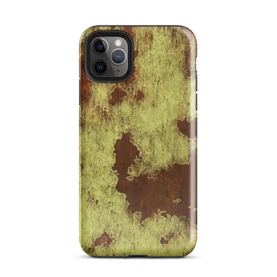 peeling yellow-green paint over deep rust-red metal surface with streaks, cracks, and organic corrosion patterns on Glossy Rusted Decay Industrial Case - default view — protective iphone case