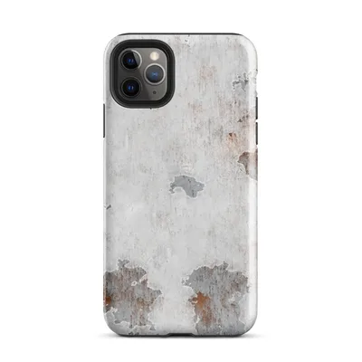 peeling white paint on aged metal revealing grey steel and deep rust patches with scratches and oxidized streaks on Glossy Weathered Metal Rust Patina - default view — protective iphone case