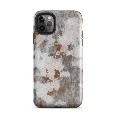 peeling white paint over rusted corroded metal surface in burnt orange, gray, and chalky white tones on Glossy Rusted Iron Industrial Case - default view — protective iphone case