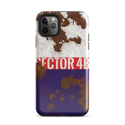distressed tri-color flag of white, red, and navy over corroded rust metal with bold stenciled Sector 4B text on the red stripe on Glossy Sector 4B Industrial Zone Case - default view — protective iphone case
