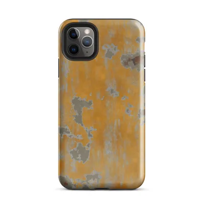 aged wall with peeling amber and golden-orange paint revealing grey plaster and exposed brick patches beneath on Glossy Urban Decay Peeling Wall Case - default view — protective iphone case