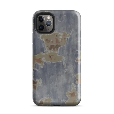 peeling blue paint revealing khaki and rust-red layers beneath in an irregular, map-like pattern on a distressed surface on Glossy Urban Decay Peeling Paint Case - default view — protective iphone case
