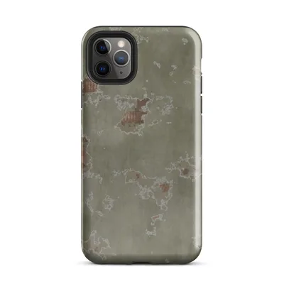 close-up of aged sage green plaster peeling away in irregular patches revealing terracotta brick and rust beneath, with chalky white edges on Glossy Weathered Plaster Wall Case - default view — protective iphone case
