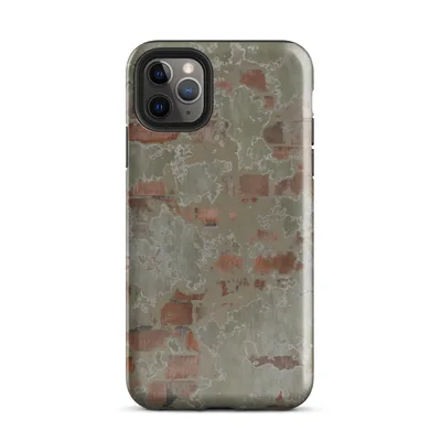 aged plaster wall peeling away to reveal terracotta brick beneath, in muted sage green, burnt sienna, and chalky white tones on Glossy Crumbling Plaster Brick Wall - default view — protective iphone case