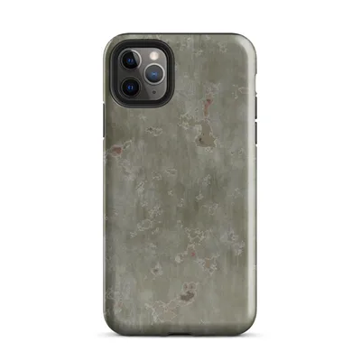 aged olive-green corroded metal surface with scattered rust spots, flaking white mineral deposits, and dark streaked oxidation patterns on Glossy Weathered Green Metal Patina - default view — protective iphone case