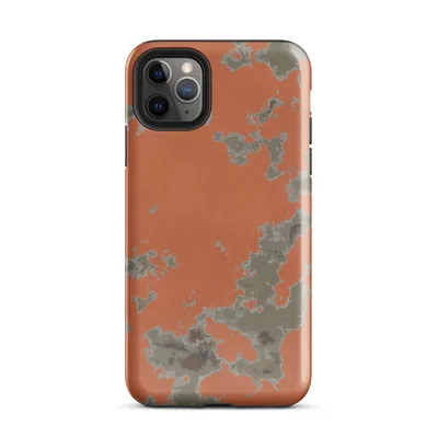 peeling burnt orange paint revealing aged plaster underlayers with faint glimpses of old brick rooftops and buildings in muted khaki and stone tones on Glossy Peeling Paint Urban Decay - default view — protective iphone case