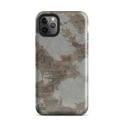 weathered wall with peeling white plaster revealing rusty brown bricks beneath in earthy gray and tan tones on Glossy Urban Decay Exposed Brick Case - default view — protective iphone case