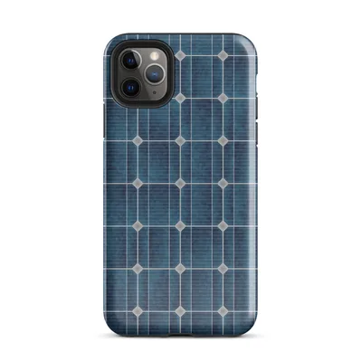 close-up repeating grid of deep navy and teal blue solar photovoltaic cells separated by silver metallic lines in a seamless mosaic pattern on Glossy Solar Grid Power Case - default view — protective iphone case