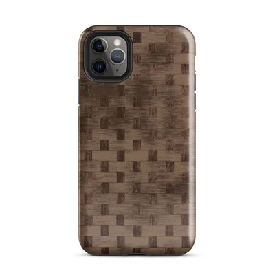 tightly woven basket weave pattern in dark mahogany and warm sienna tones with alternating horizontal and vertical strips on Glossy Woven Wood Weave Case - default view — protective iphone case