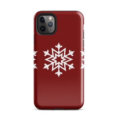 three identical white geometric snowflakes arranged in a row on a deep crimson red background on Glossy Winter Snowflake Trio Case - default view — protective iphone case