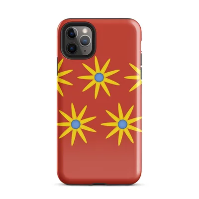 repeating pattern of yellow sunburst flowers with blue centers on a vivid red background, flat illustrated style on Glossy Solar Bloom Red iPhone Case - default view — protective iphone case
