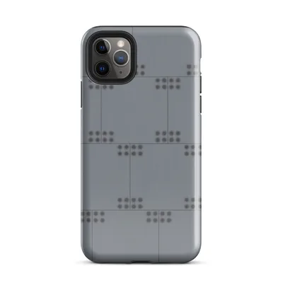repeating grid of dark circular dots arranged in pairs on a cool blue-grey paneled background in a technical, industrial style on Glossy Steel Grid Dot Matrix Case - default view — protective iphone case