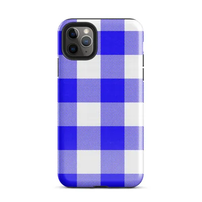 large-scale blue and white gingham check pattern with alternating solid cobalt, mixed checker, and white squares on Glossy Classic Blue Gingham Tough Case for iPhone - default view — protective iphone case