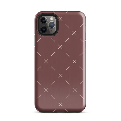 repeating ivory cross and dash marks scattered across a rich burgundy red textured background in a folk embroidery style on Glossy Crimson Cross Stitch Tough Case for iPhone - default view — protective iphone case