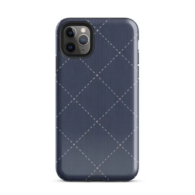 deep navy blue diagonal diamond grid with white dashed stitching lines and small cross-stitch marks at each intersection, resembling quilted fabric on Glossy Navy Quilted Diamond Stitch Tough Case for iPhone - default view — protective iphone case