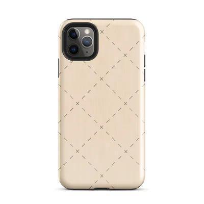 repeating diamond trellis of dashed lines and small cross stitches in soft grey on a warm blush cream background on Glossy Stitched Diamond Trellis Tough Case for iPhone - default view — protective iphone case