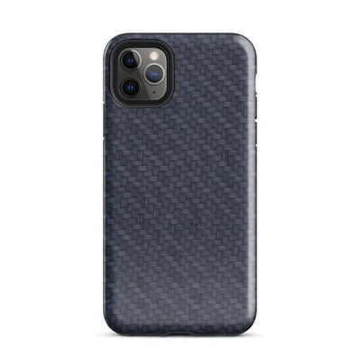 diagonal twill carbon fiber weave in deep navy blue and dark slate with alternating light-catching bands on Glossy Midnight Carbon Fiber Shield Tough Case for iPhone - default view — protective iphone case