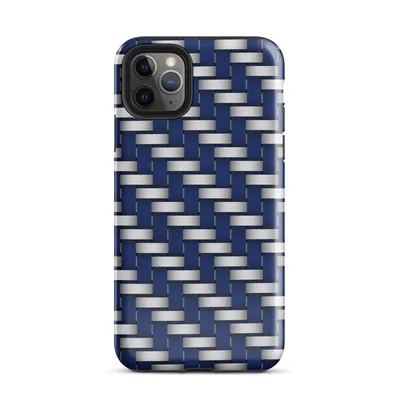 interlocking woven pattern of deep navy blue and brushed silver strips creating a basket weave texture with dimensional shading on Glossy Steel Weave Navy Armor Tough Case for iPhone - default view — protective iphone case
