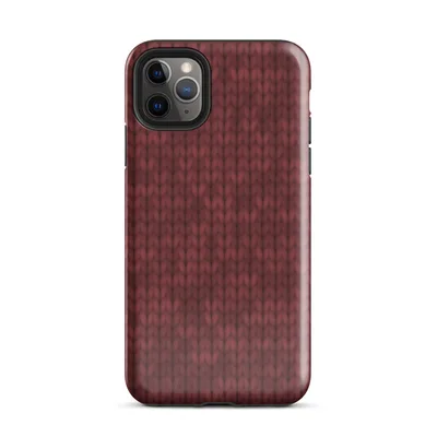 close-up chunky knit sweater texture in deep crimson red with subtle tonal variation and interlocking stitch rows on Glossy Crimson Knit Texture Tough Case for iPhone - default view — protective iphone case