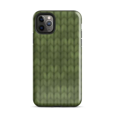 seamless close-up of olive green knitted fabric with repeating V-shaped stitch rows in varied shades of forest green on Glossy Forest Green Knit Texture Tough Case for iPhone - default view — protective iphone case