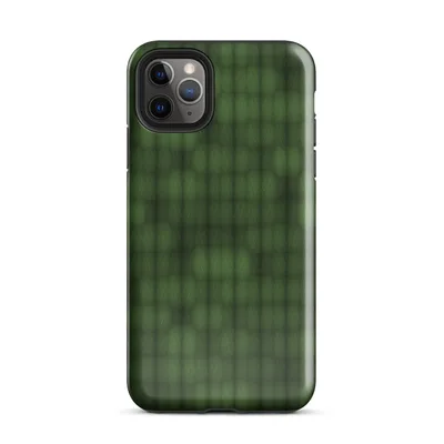 deep forest green grid of rounded cells with shadowed figure shapes emerging subtly from the repeating textile-like pattern on Glossy Shadow Grid Green Texture Tough Case for iPhone - default view — protective iphone case