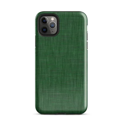 woven linen fabric texture in deep forest green with subtle crosshatch thread variations and tonal depth on Glossy Forest Green Linen Texture Tough Case for iPhone - default view — protective iphone case