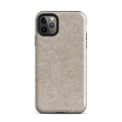 seamless woven linen texture in warm beige with fine chevron pattern and scattered organic fiber flecks in muted tones on Glossy Raw Linen Texture Tough Case for iPhone - default view — protective iphone case
