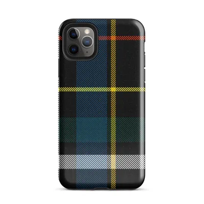classic Scottish tartan plaid pattern on black with stripes of cobalt blue, golden yellow, crimson red, forest green, and white on Glossy Highland Bold Tartan Tough Case for iPhone - default view — protective iphone case