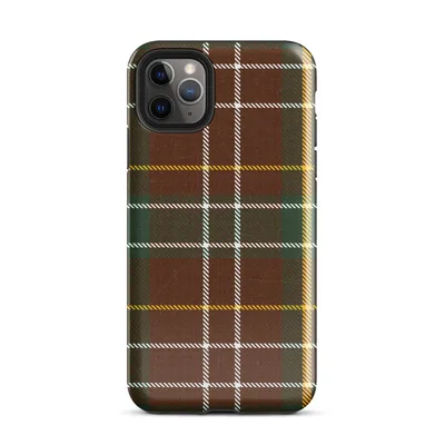 classic tartan plaid pattern in deep burgundy red and hunter green with intersecting white and golden yellow stripes on woven textile texture on Glossy Highland Plaid Tough Case for iPhone - default view — protective iphone case