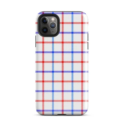 red white and blue gingham plaid pattern with diagonal stripe detailing at grid intersections on white background on Glossy Red White Blue Plaid Tough Case for iPhone - default view — protective iphone case