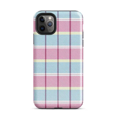 classic tartan plaid pattern in pastel sky blue, pale yellow, and bold magenta pink with fine diagonal hatching on a white background on Glossy Pastel Plaid Preppy Tough Case for iPhone - default view — protective iphone case
